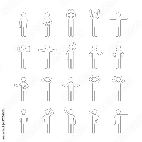 Set of 20 white stick figure icons black thin line art on white background, each showing a unique human pose or gesture. Ideal for illustrating body language, communication, UX design, behavioral stud