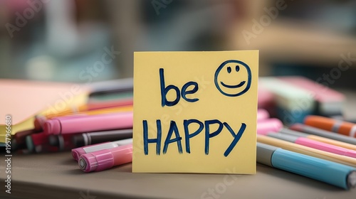 A colorful workspace with a note saying 'be HAPPY' surrounded by vibrant markers and stationery.