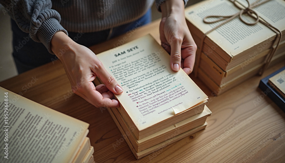 Naklejka premium Hands packing books on wooden table with stacks top view