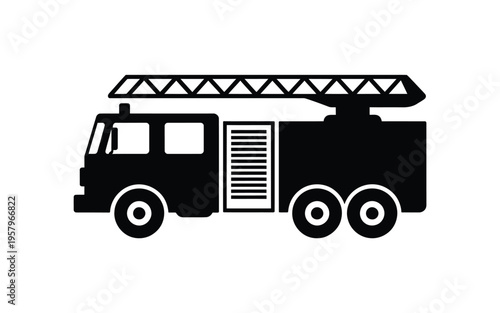 Simple black silhouette of a fire truck with an extended ladder