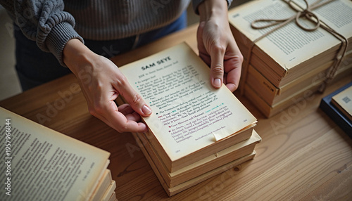 Hands packing books on wooden table with stacks top view