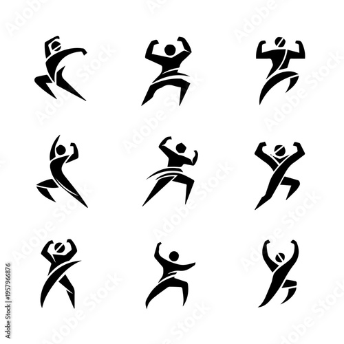 Collection of Dynamic Human Silhouettes in Action Poses Representing Strength and Movement