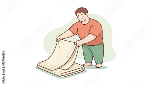Man putting on a mattress protector in a minimalist room