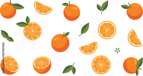 Orange Fruit Pattern with Whole and Sliced Citrus Elements Fresh Seamless Background for Food Design, Packaging, Textile, and Healthy Lifestyle Graphics
