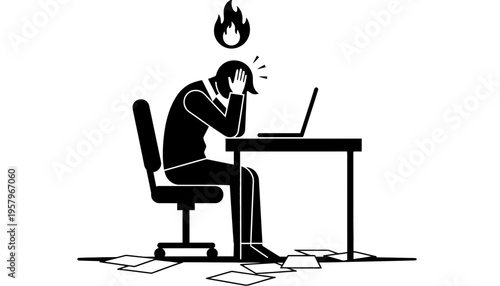 A stressed businessman sitting at a desk with a laptop and papers