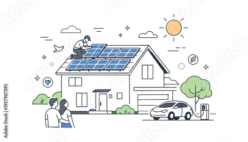 Solar panel installation on a modern house with a family