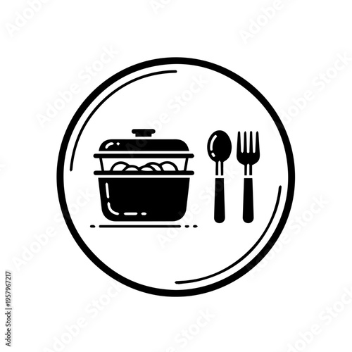 Minimalist cooking pot with spoon and fork utensils icon design