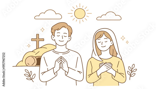 Jesus Christ icon illustration with praying couple and cross