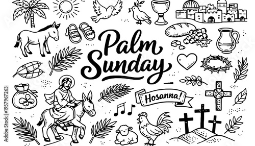 Palm Sunday illustration with various religious symbols and icons