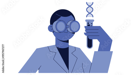 Scientist in lab coat holding test tube with DNA strand illustration