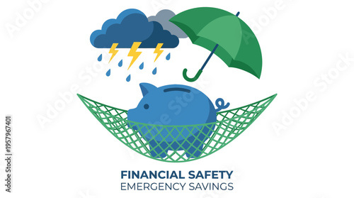 Concept of financial safety net and emergency savings featuring a blue piggy bank protected by an umbrella from a storm cloud in a green hammock net