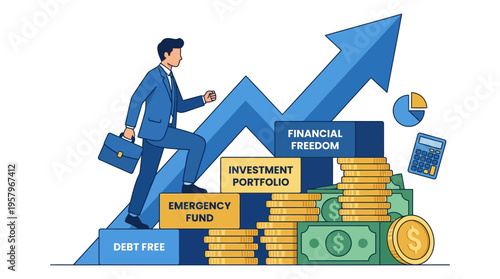Businessman Climbing Steps to Financial Freedom and Wealth Growth with Investment Portfolio Emergency Fund and Debt Free Concept Illustration