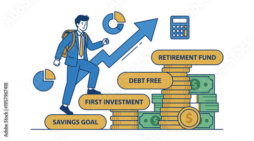Financial Planning Concept Illustration of Businessman Climbing Coin Stairs Towards Retirement Fund and Wealth Growth