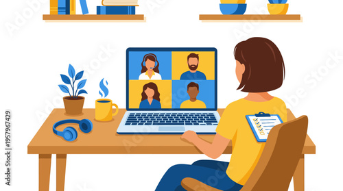 Woman working from home having a video conference call on a laptop in a cozy home office illustration
