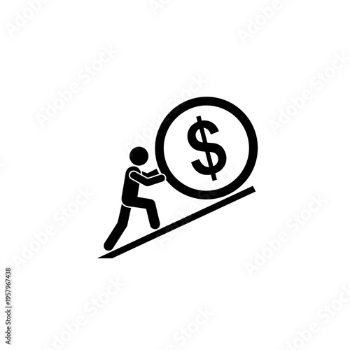Black silhouette of person pushing giant coin uphill, minimalistic icon on white background, concept of inflation and economic challenge  