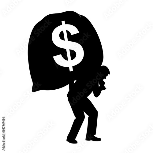 Black silhouette of person carrying dollar sign bag, minimalistic icon on white background, concept of debt burden and financial stress  