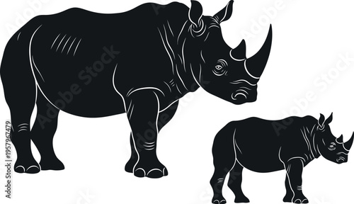 Black silhouette of a large rhinoceros and a small rhinoceros