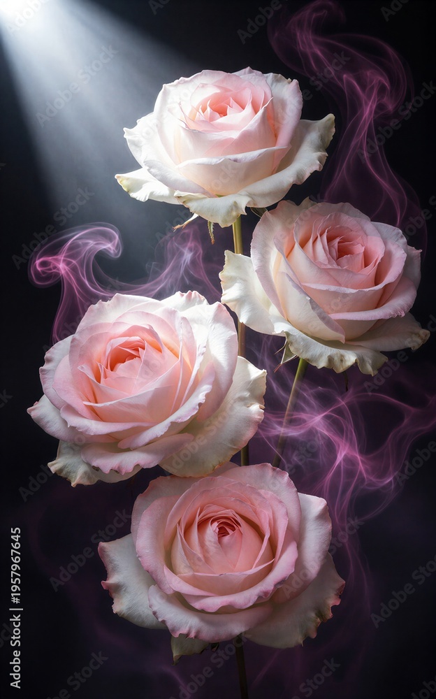 Fototapeta premium Soft pink roses bloom against dark backdrop with ethereal purple