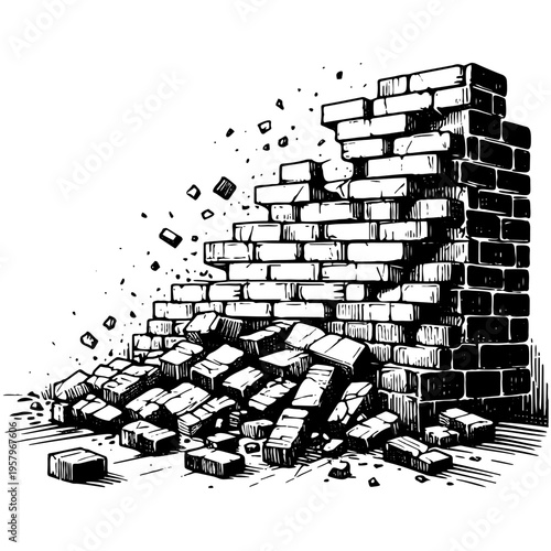 Black and white engraving style sketch of partially destroyed brick wall collapsing with scattered bricks and debris falling to ground