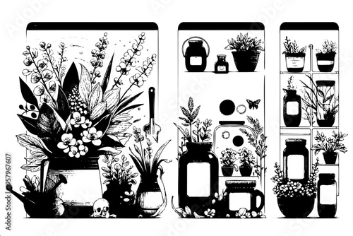 Black and white sketch of three smartphone screens displaying botanical shop interface with potted plants, flowers, jars, bottles, gardening tools, and butterfly decorations