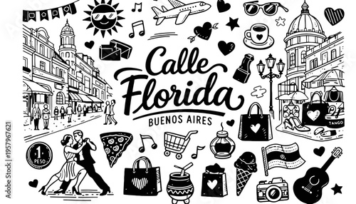 Calle Florida illustration of Buenos Aires city street scene with various icons