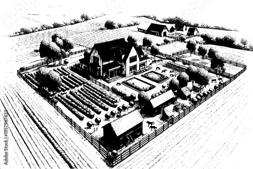 Black and white engraving style sketch of farm property from above showing main barn, horses in paddock, sheep, garden rows, fences, and surrounding fields