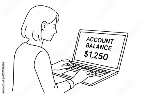 Black and white line art sketch of woman with bob haircut typing on laptop displaying account balance of 1250 dollars, personal finance concept
