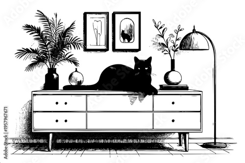 Black and white sketch of black cat lying on mid-century modern dresser with palm plant, framed artwork, floor lamp, and decorative vases in stylish interior