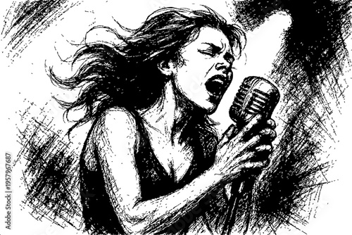 Black and white crosshatch sketch of passionate female vocalist singing into retro microphone with flowing windswept hair, dramatic music performance