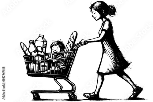 Black and white sketch of young mother in dress pushing full shopping cart with smiling toddler sitting among groceries including bread, milk, and fruits