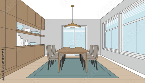 Dining room interior with modern furniture and minimalist decor