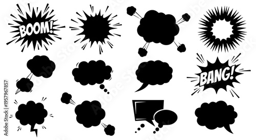 Collection of black comic book speech bubbles and explosion bursts