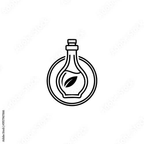 Line icon of a glass bottle with a leaf for natural essence