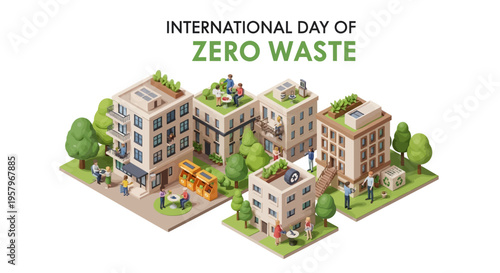 Isometric illustration of sustainable city buildings with green spaces for International Day of Zero Waste, promoting eco-friendly lifestyle and waste reduction awareness.
