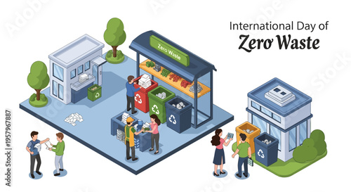 Isometric illustration of people engaging in zero waste lifestyle by recycling and reusing at a sustainable community center and waste management facility on International Day of Zero Waste.