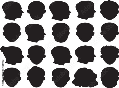 Collection of black silhouette heads with various hairstyles on white background