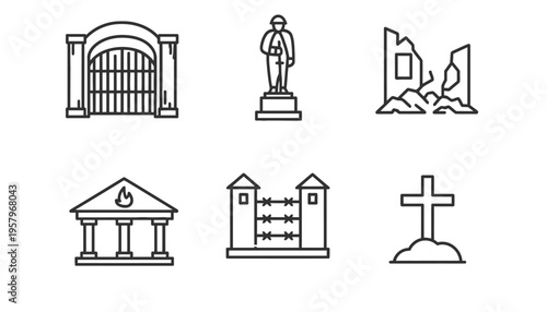 A war memorial icon with abandoned prison gate and disaster zone
