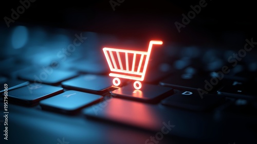 A glowing red shopping cart icon displayed on a keyboard, symbolizing online shopping and digital commerce.