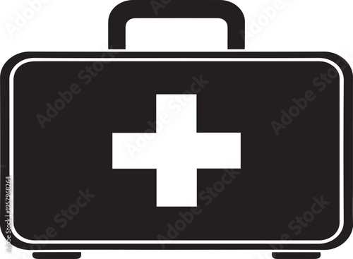 A black and white icon of a first aid kit