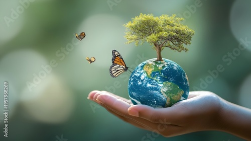 A hand holding a globe with a tree and butterflies, symbolizing nature and environmental protection.