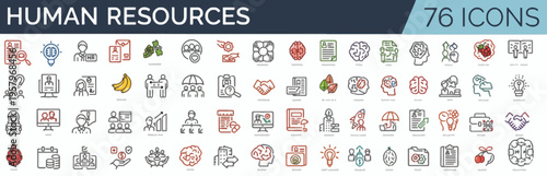 Comprehensive collection of 76 human resources icons, featuring thin line style vector illustrations for business management, recruitment, and employee development