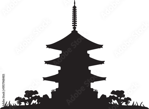 A black silhouette of a japanese pagoda tower