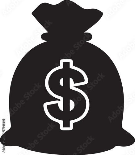 A black and white icon of a money bag