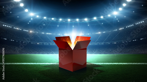 An open glowing red gift box on a soccer stadium field at night. An imaginary soccer stadium is modelled and rendered.