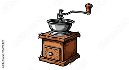 Vintage style wooden coffee grinder illustration with metal parts