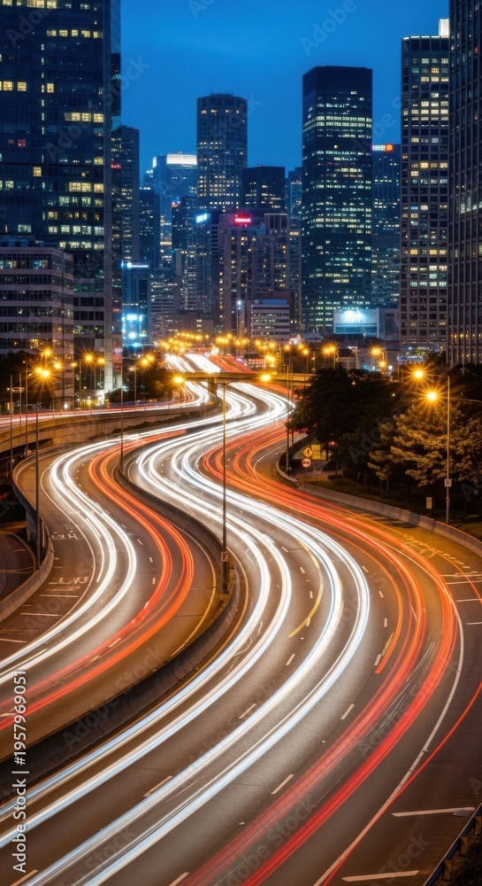 Fototapeta premium Urban Nighttime Expressway Motion Blur Cityscape Illuminated