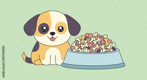 Vector illustration of a cute puppy with dog food bowl