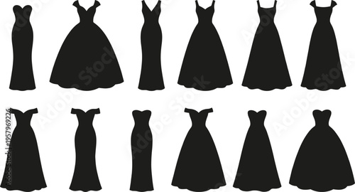 Collection of elegant evening dress silhouettes in black, showcasing diverse gown styles including mermaid, ball gown, and fitted designs for fashion, bridal, and formal inspiration