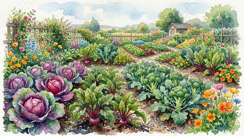 Vibrant watercolor painting of bountiful vegetable garden showcasing fresh broccoli red cabbage and beets amidst colorful flowers and lush greenery