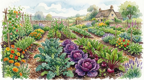 Vibrant watercolor painting of bountiful vegetable garden with organic broccoli red cabbage and beets in charming rural setting